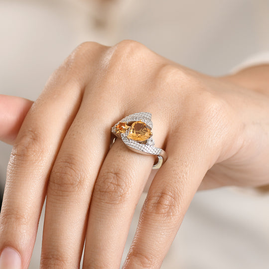 GP Amore Kollektion - AA Citrin, Feueropal Ring 925 Silber Rhodiniert und 750 Gelbgold Vermeil (Größe 19.00) ca. 2.00 ct