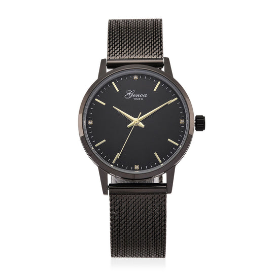GENOA TIME - V2 Automatik Armbanduhr, Gehäuse 316 Edelstahl Sonnenschein Zifferblatt mit weißem Diamant Edelstahl Mesharmband goldfarben