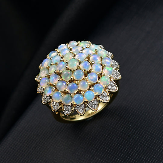D'Joy AA Natürlicher, äthiopischer Welo Opal, Weißer Zirkon Ring 925 Silber 750 Gelbgold Vermeil (Größe 17.00) ca. 3,24 ct