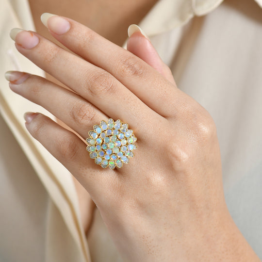 D'Joy AA Natürlicher, äthiopischer Welo Opal, Weißer Zirkon Ring 925 Silber 750 Gelbgold Vermeil (Größe 17.00) ca. 3,24 ct