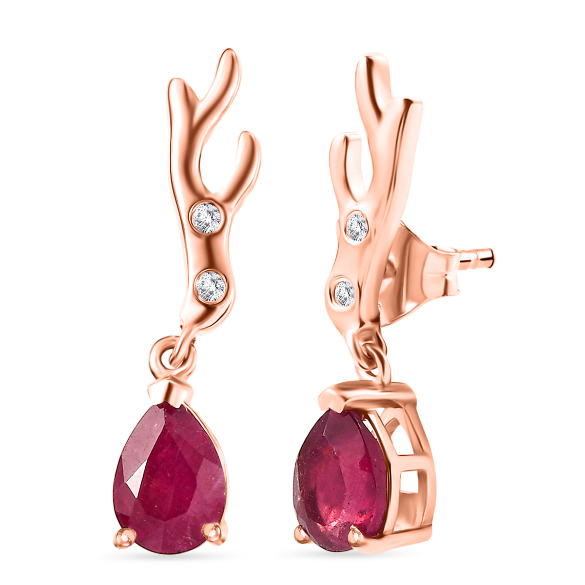 D'Joy Afrikanischer Rubin (Fissure gefüllt), Weißer Zirkon Ohrringe 925 Silber 750 rosévergoldet ca. 2.06 ct
