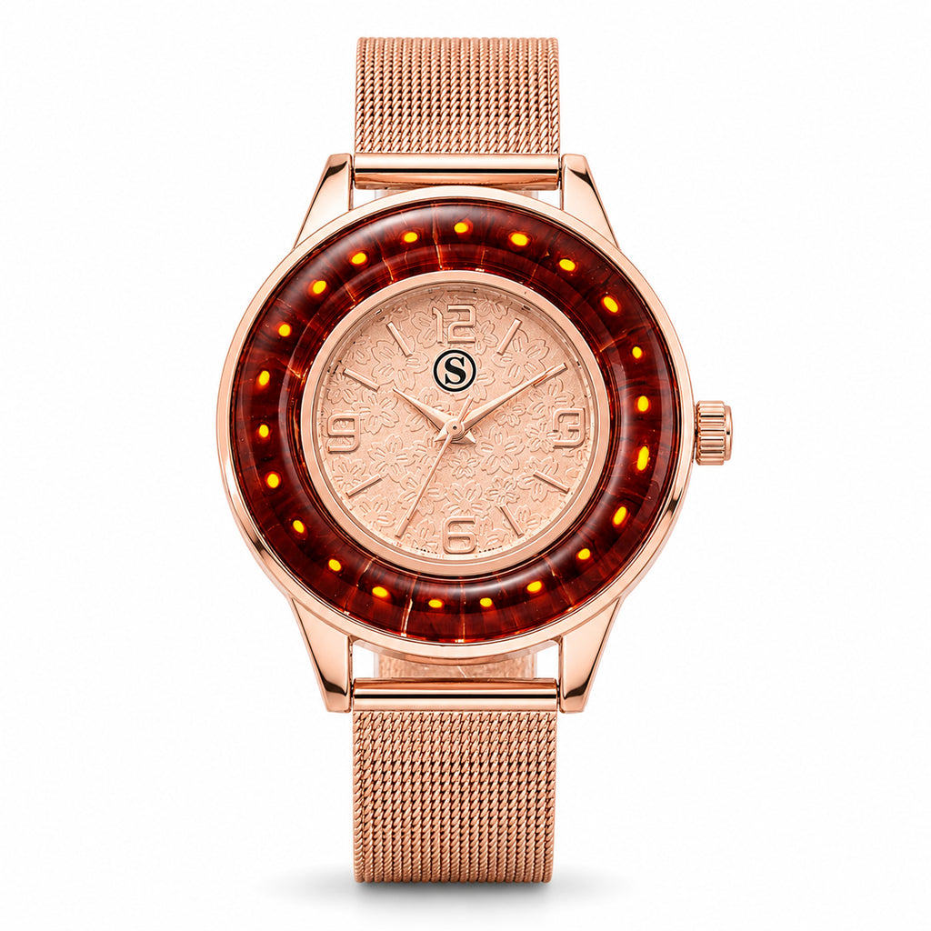 STRADA Uhr mit Murano Stil Glas Besatz, PC21S japanisches Uhrwerk, Edelstahl, Rot, Roségoldfarben