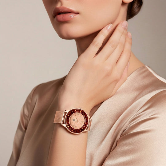 STRADA Uhr mit Murano Stil Glas Besatz, PC21S japanisches Uhrwerk, Edelstahl, Rot, Roségoldfarben