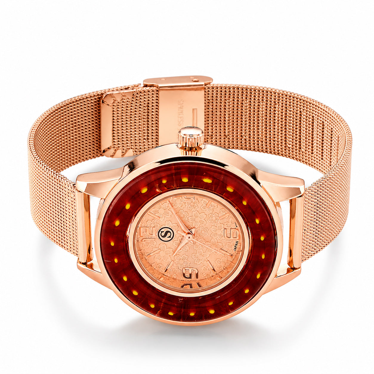 STRADA Uhr mit Murano Stil Glas Besatz, PC21S japanisches Uhrwerk, Edelstahl, Rot, Roségoldfarben
