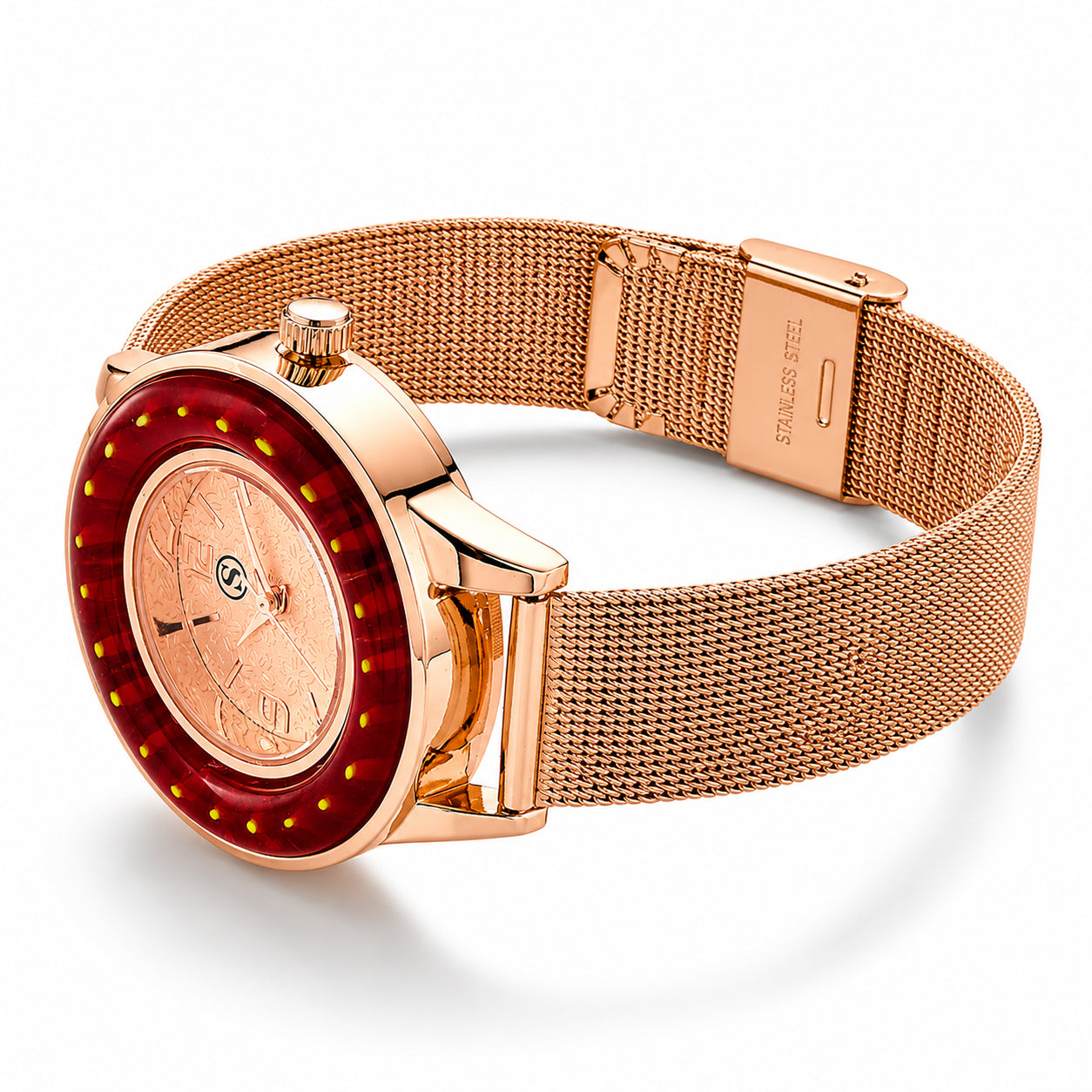 STRADA Uhr mit Murano Stil Glas Besatz, PC21S japanisches Uhrwerk, Edelstahl, Rot, Roségoldfarben