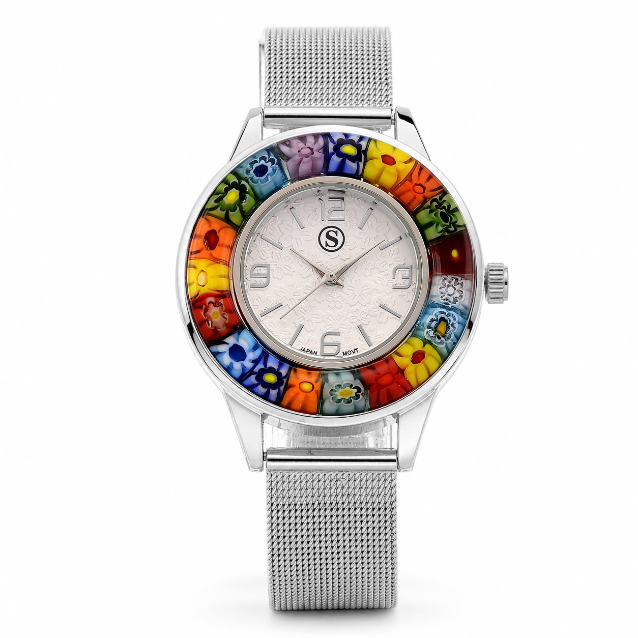 STRADA Uhr mit Murano Stil Glas Besatz, PC21S japanisches Uhrwerk, Edelstahl, Mehrfarbig, Silberfarben