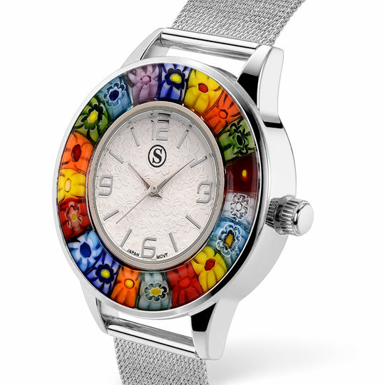 STRADA Uhr mit Murano Stil Glas Besatz, PC21S japanisches Uhrwerk, Edelstahl, Mehrfarbig, Silberfarben