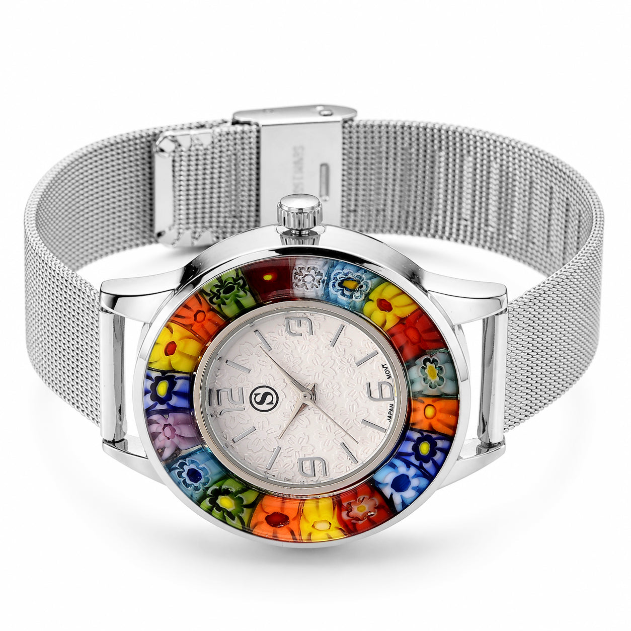 STRADA Uhr mit Murano Stil Glas Besatz, PC21S japanisches Uhrwerk, Edelstahl, Mehrfarbig, Silberfarben