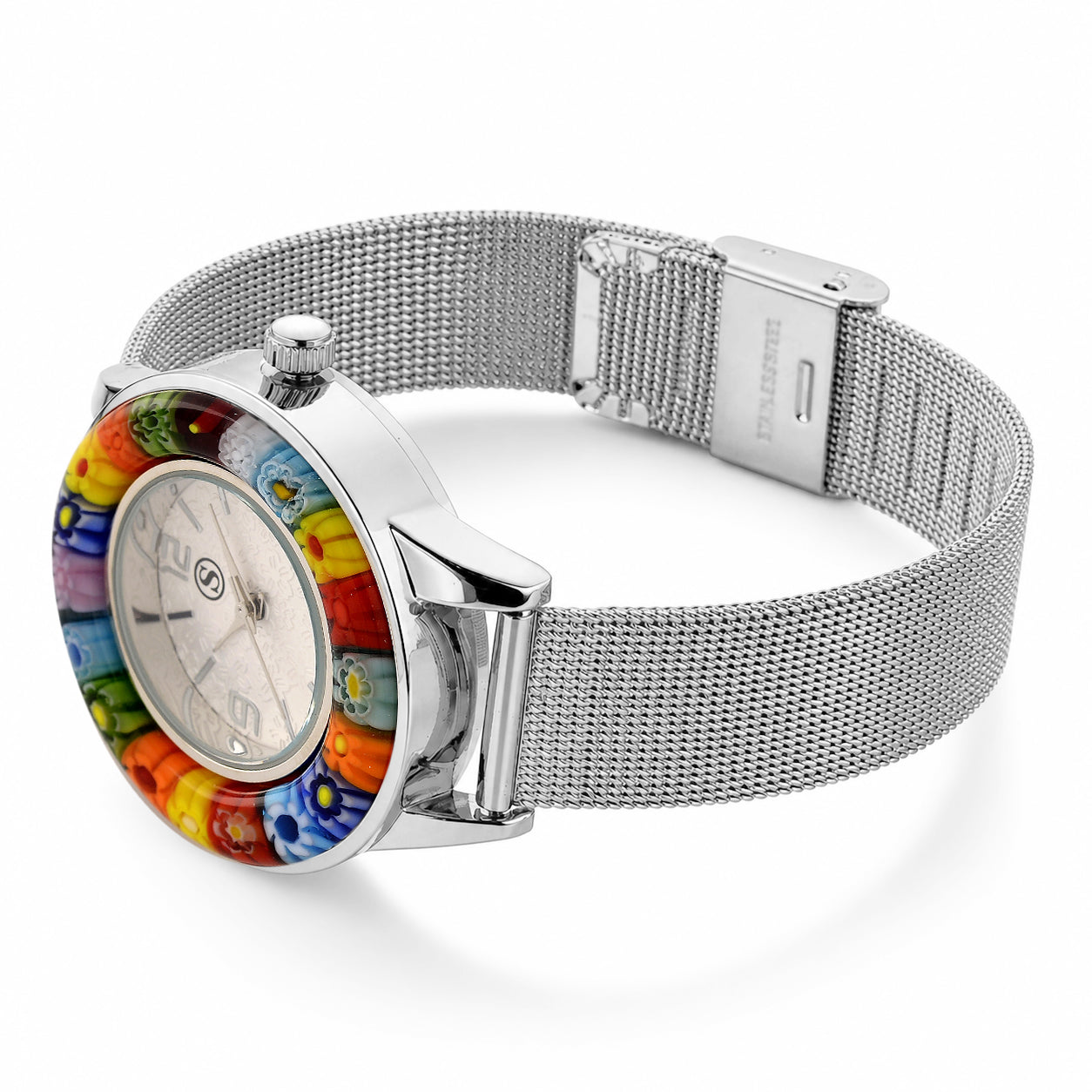 STRADA Uhr mit Murano Stil Glas Besatz, PC21S japanisches Uhrwerk, Edelstahl, Mehrfarbig, Silberfarben