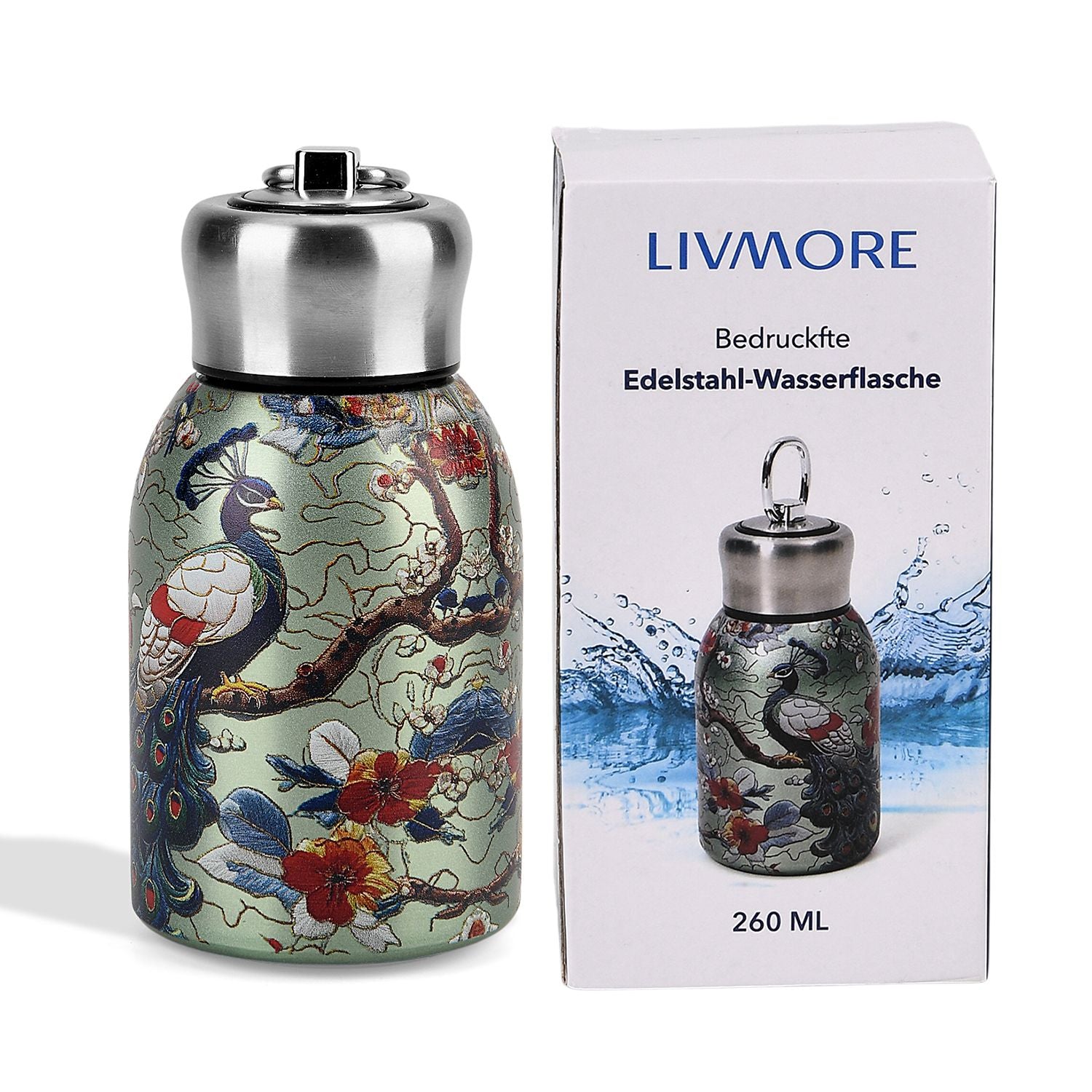 LIVMORE Edelstahl Trinkflasche 260 ml ca. 14 cm Grüner Pfau Grün