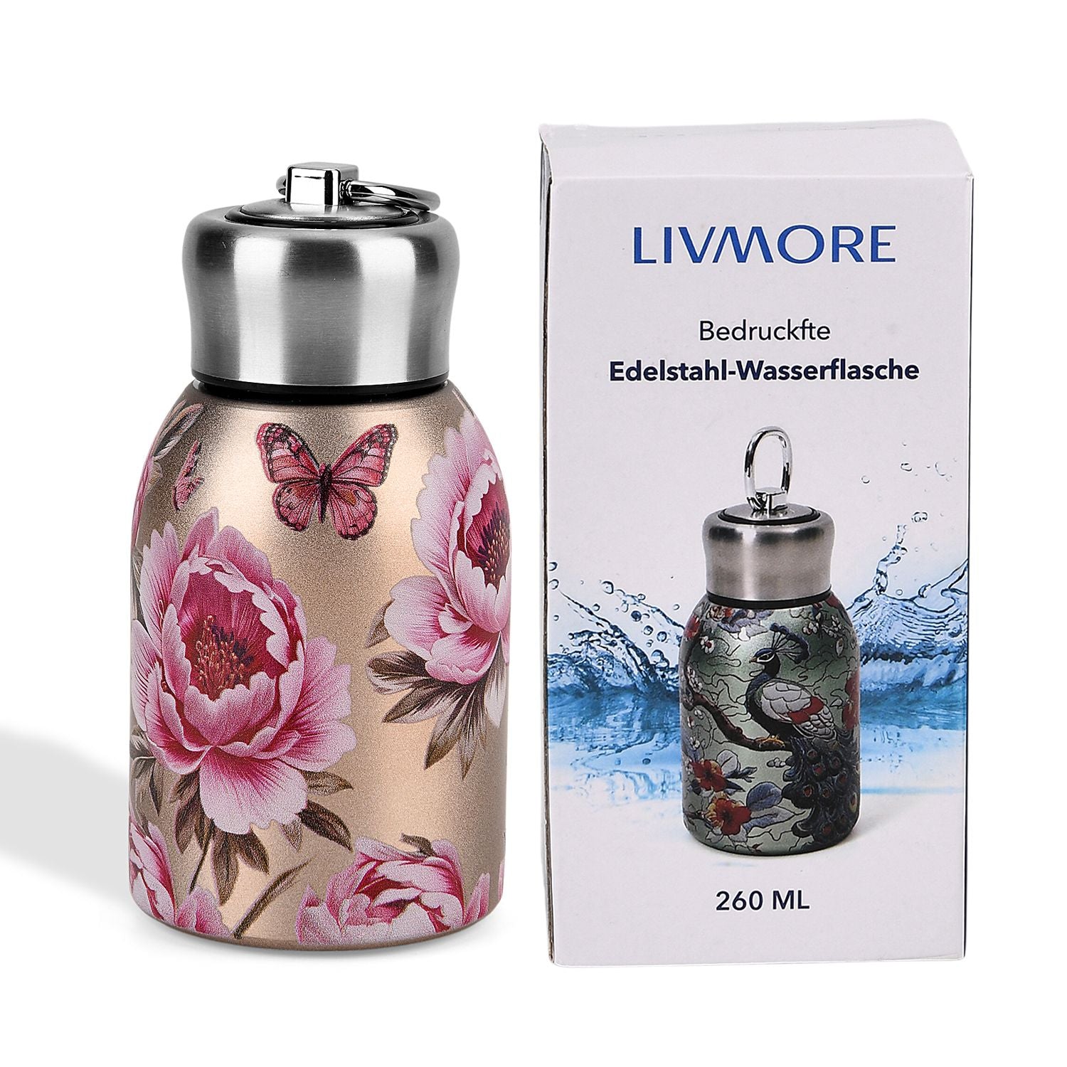 LIVMORE Edelstahl Trinkflasche 260 ml ca. 14 cm Rosenblüte Roségold
