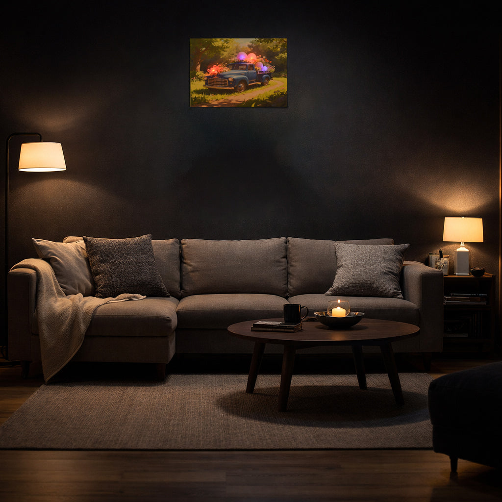 LIVMORE Klassisches Auto Landschaft Motiv LED Wandbild mit Farbwechsel Lichteffekt 30 x 40 cm