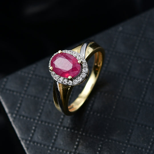 D'Joy Afrikanischer Rubin (Fissure gefüllt), Weißer Zirkon Ring 925 Silber Platiniert und vergoldet (Größe 17.00) ca. 2,21 ct