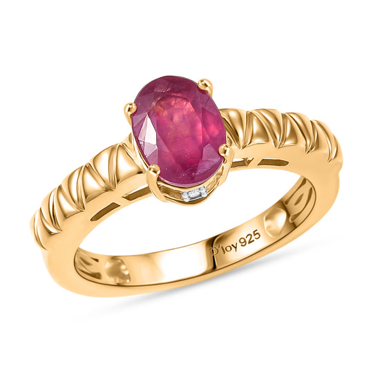 D'Joy Afrikanischer Rubin (Fissure gefüllt), Weißer Diamant Ring 925 Silber 750 Gelb Vergoldet (Größe 19.00) ca. 1,84 ct