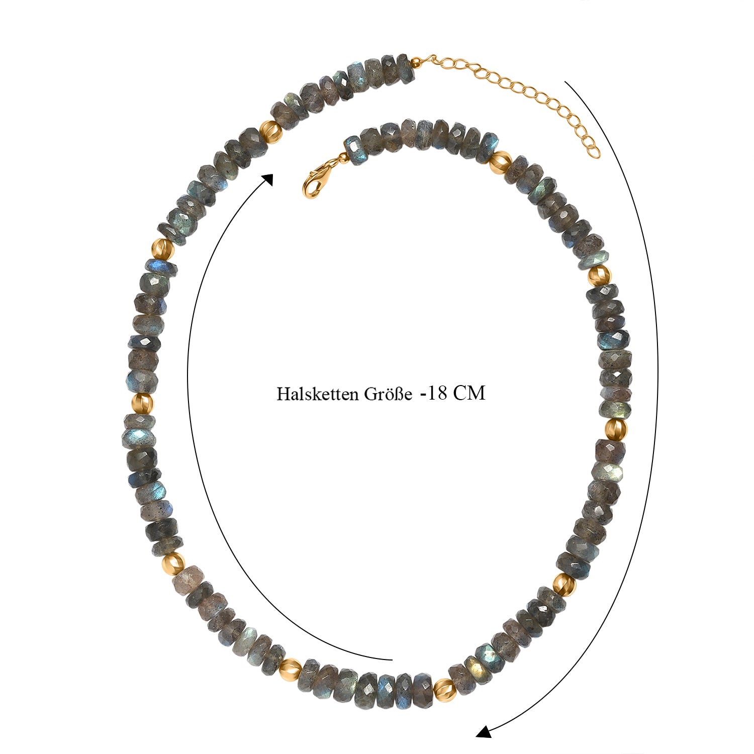 D'Joy AAA Labradorit Halskette ca. 45 cm + 5 cm Extender, 925 Silber 750 Gelbgold Vermeil ca. 223,00 ct.