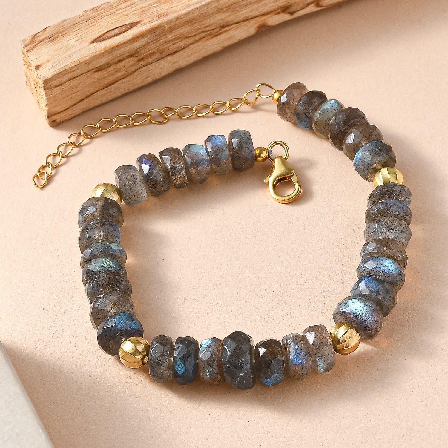 D'Joy AAA Labradorit Armband ca. 19 cm + 5 cm Extender, 925 Silber 750 Gelbgold Vermeil ca. 90,00 ct.