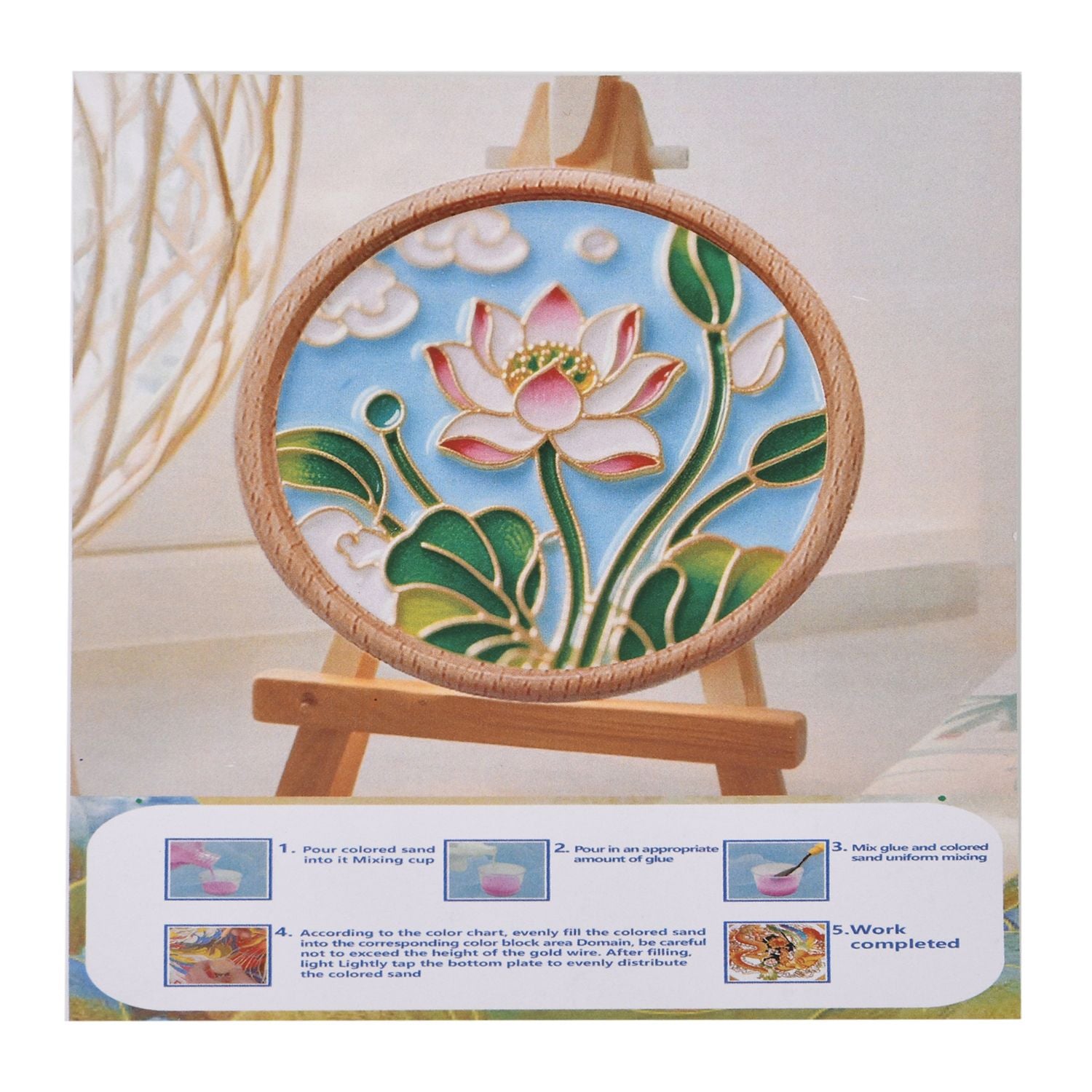 GOLDEN LOTTERY Rundes Sandbild im Tischrahmen Set mit farbigem Sand, wasserbasiertem Kleber, Plastikbecher und Malwerkzeug 18,5 x 16 x 5 cm, Lotus Motiv