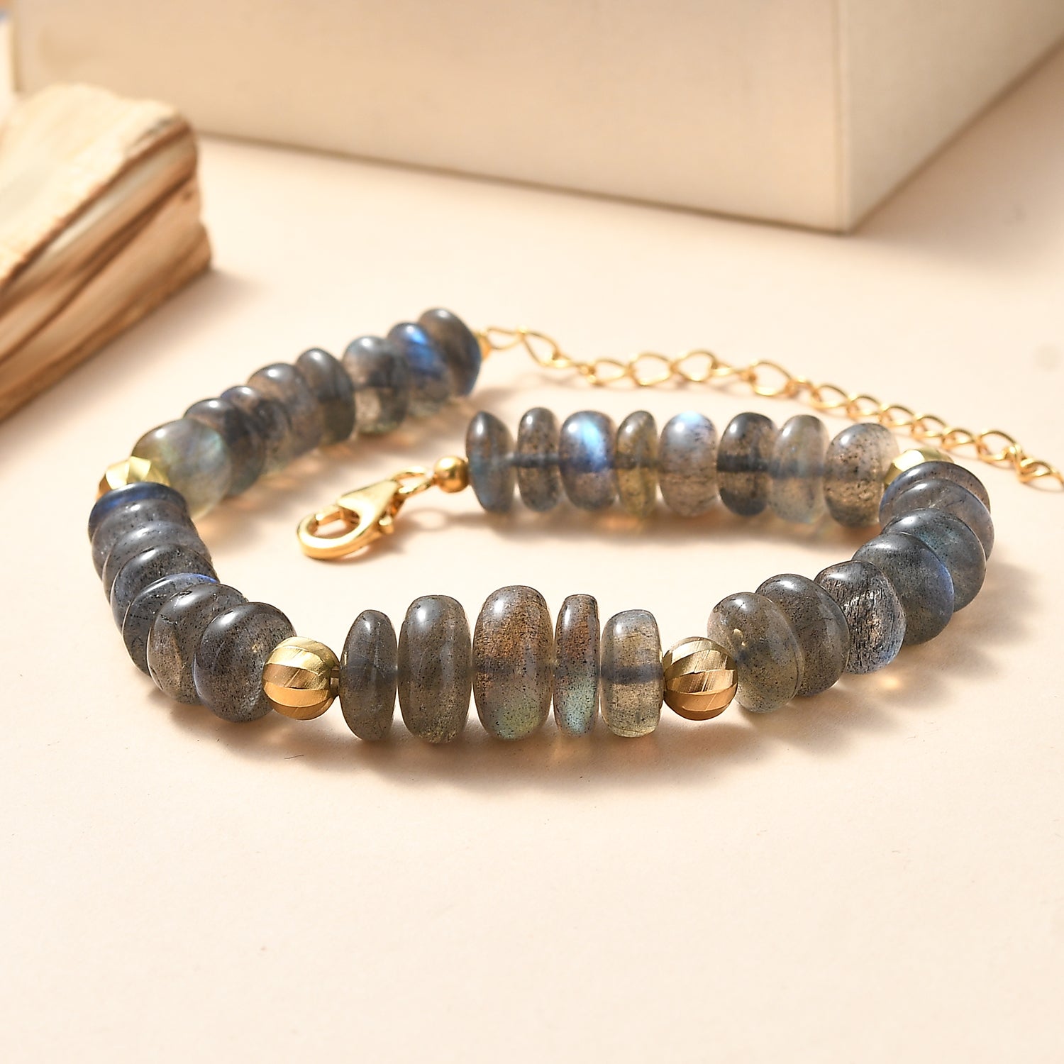 D'Joy AAA Labradorit Armband ca. 19 cm + 5 cm Extender, 925 Silber 750 Gelbgold Vermeil ca. 85,00 ct.