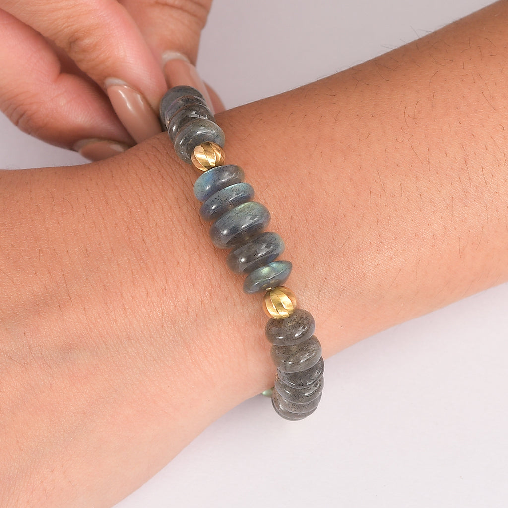 D'Joy AAA Labradorit Armband ca. 19 cm + 5 cm Extender, 925 Silber 750 Gelbgold Vermeil ca. 85,00 ct.