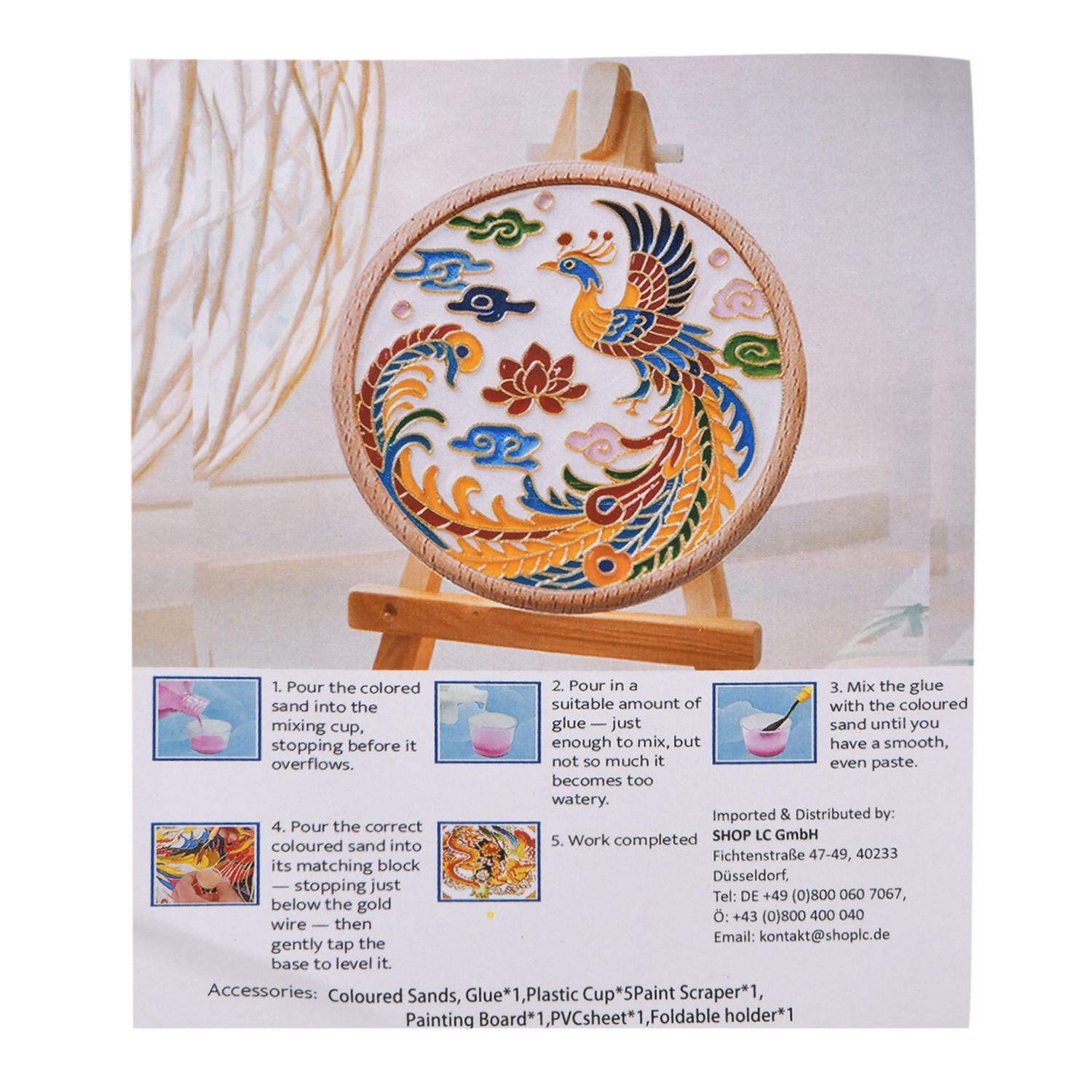 GOLDEN LOTTERY Rundes Sandbild im Tischrahmen Set mit farbigem Sand, wasserbasiertem Kleber, Plastikbecher und Malwerkzeug 18,5 x 16 x 5 cm, Pfau Motiv