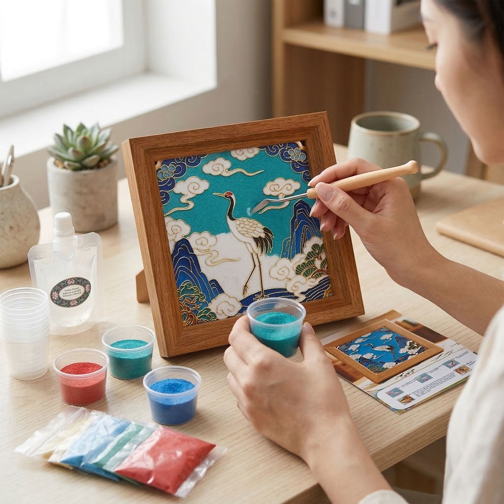 " Golden Lottery Painting frame table disply  Product size: 18.5 * 16 * 5CM Packaging: 1 piece/white box Function: Photo frame, colored sand, water-based eco-friendly adhesive, plastic cup, oil painting scraper"