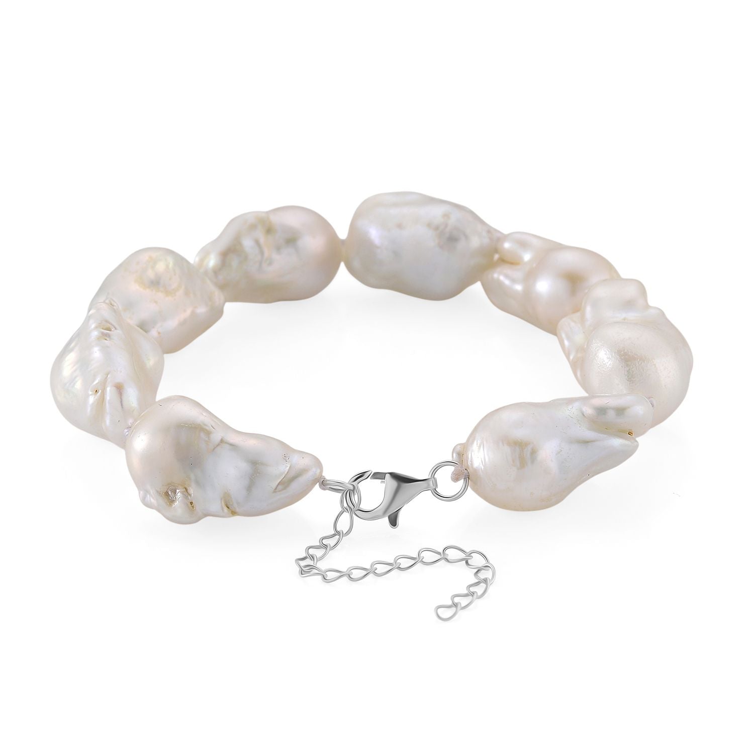 D'Joy Weiße Barockperle (13-16 mm) Armband ca. 19 cm + 5 cm Extender, 925 Silber rhodiniert