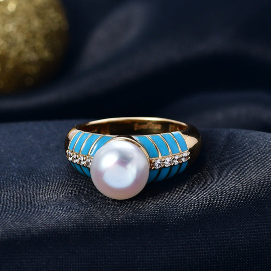 EVER TRUE Süßwasser Perle (9-9.5 mm), Weißer Zirkon Ring Nickelfreies Messing, Blaue Emailliert, goldfarben, (Größe 18.00)