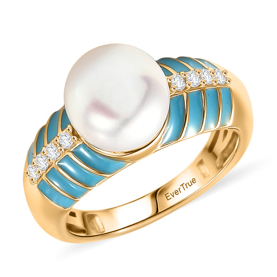 EVER TRUE Süßwasser Perle (9-9.5 mm), Weißer Zirkon Ring Nickelfreies Messing, Blaue Emailliert, goldfarben, (Größe 18.00)