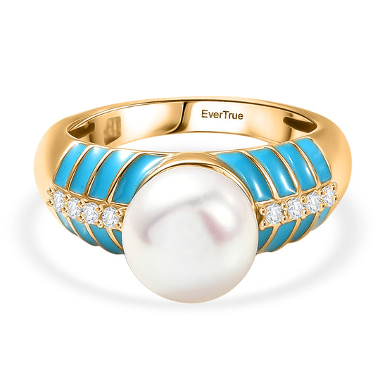 EVER TRUE Süßwasser Perle (9-9.5 mm), Weißer Zirkon Ring Nickelfreies Messing, Blaue Emailliert, goldfarben, (Größe 18.00)