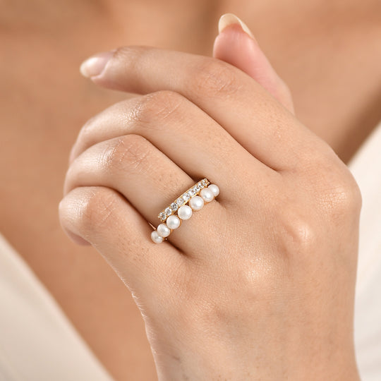 EVER TRUE Süßwasser Perle (4 mm), Weißer Zirkon Ring Nickelfreies Messing, goldfarben (Größe 21.00)