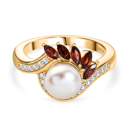 EVER TRUE Süßwasser Perle (7-7.5 mm), Mosambik Granat Ring Nickelfreies Messing, goldfarben (Größe 20.00)