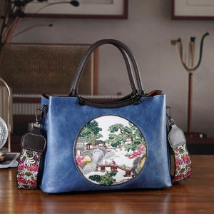 Florale Kunstprint Crossbody-Tasche mit gemustertem Schulterriemen, 30 x 18 x 22 cm, Marineblau