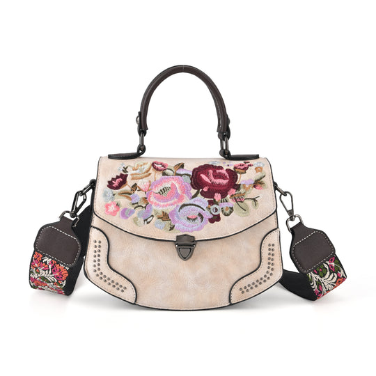Kompakte Crossbody-Tasche mit floraler Stickerei, 23 x 9 x 17 cm, Lila