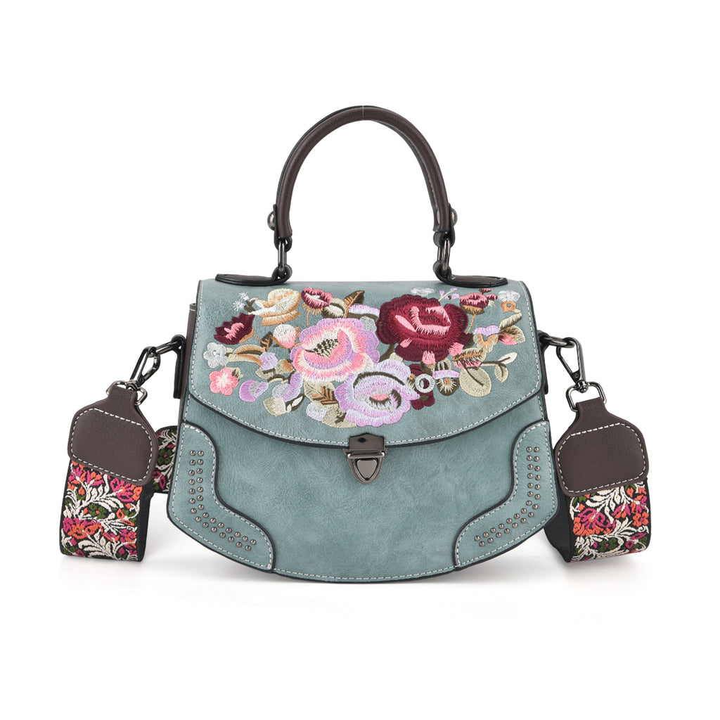 Kompakte Kunstprint Crossbody-Tasche mit floralem Design, 23 x 9 x 17 cm, Petrol