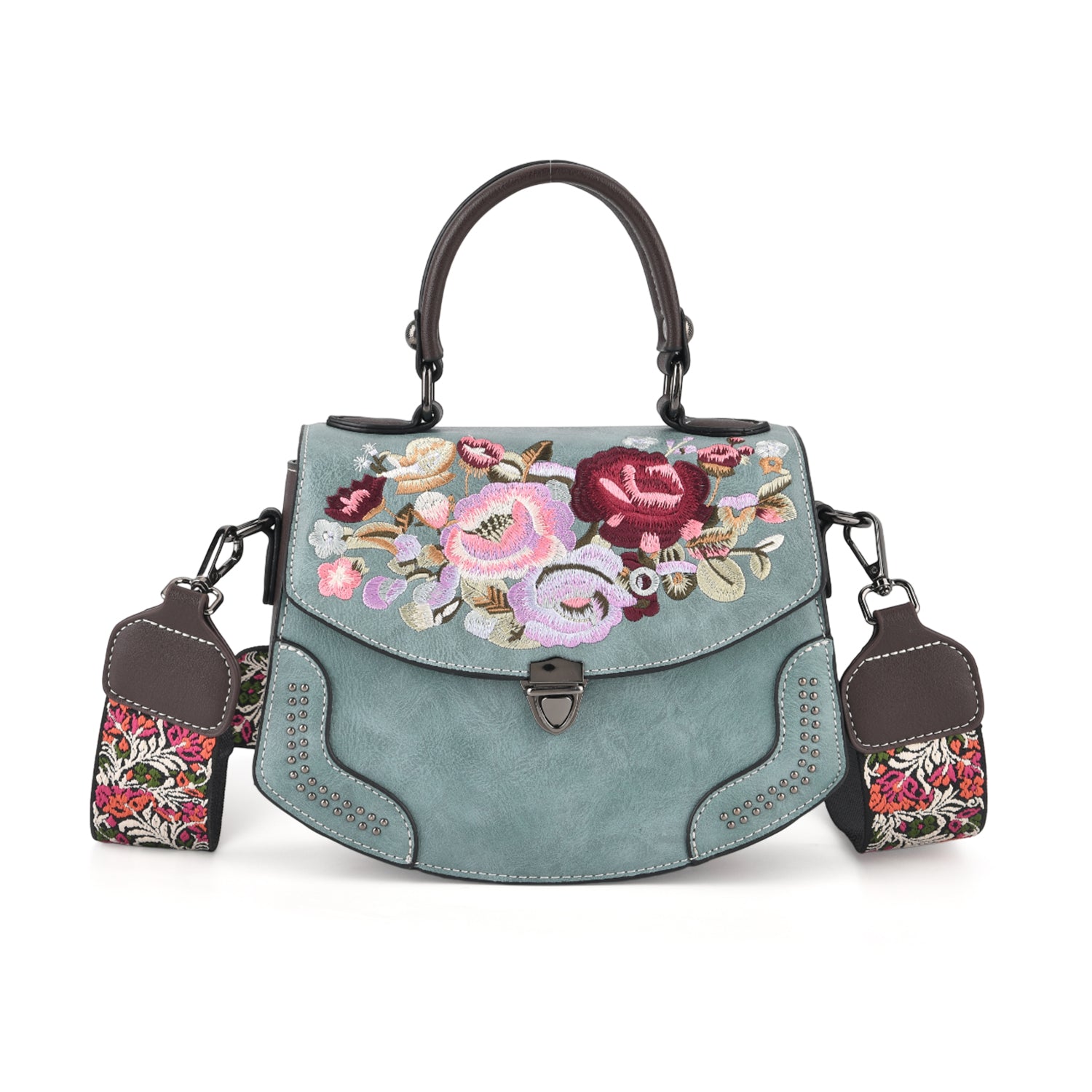 Kompakte Kunstprint Crossbody-Tasche mit floralem Design, 23 x 9 x 17 cm, Petrol