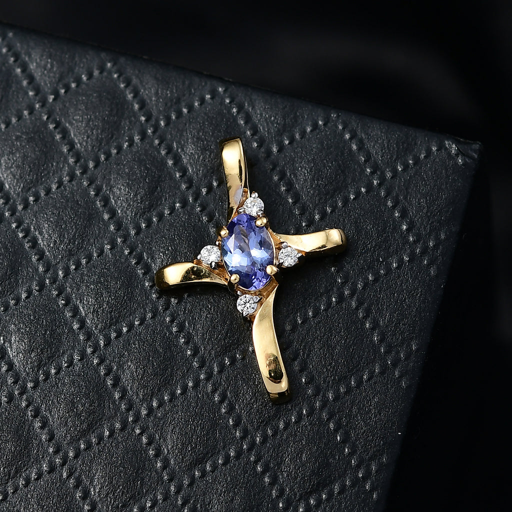 D'Joy Tansanit, Weißer Zirkon Anhänger 925 Silber 750 Gelb Vergoldet ca. 0,51 ct.