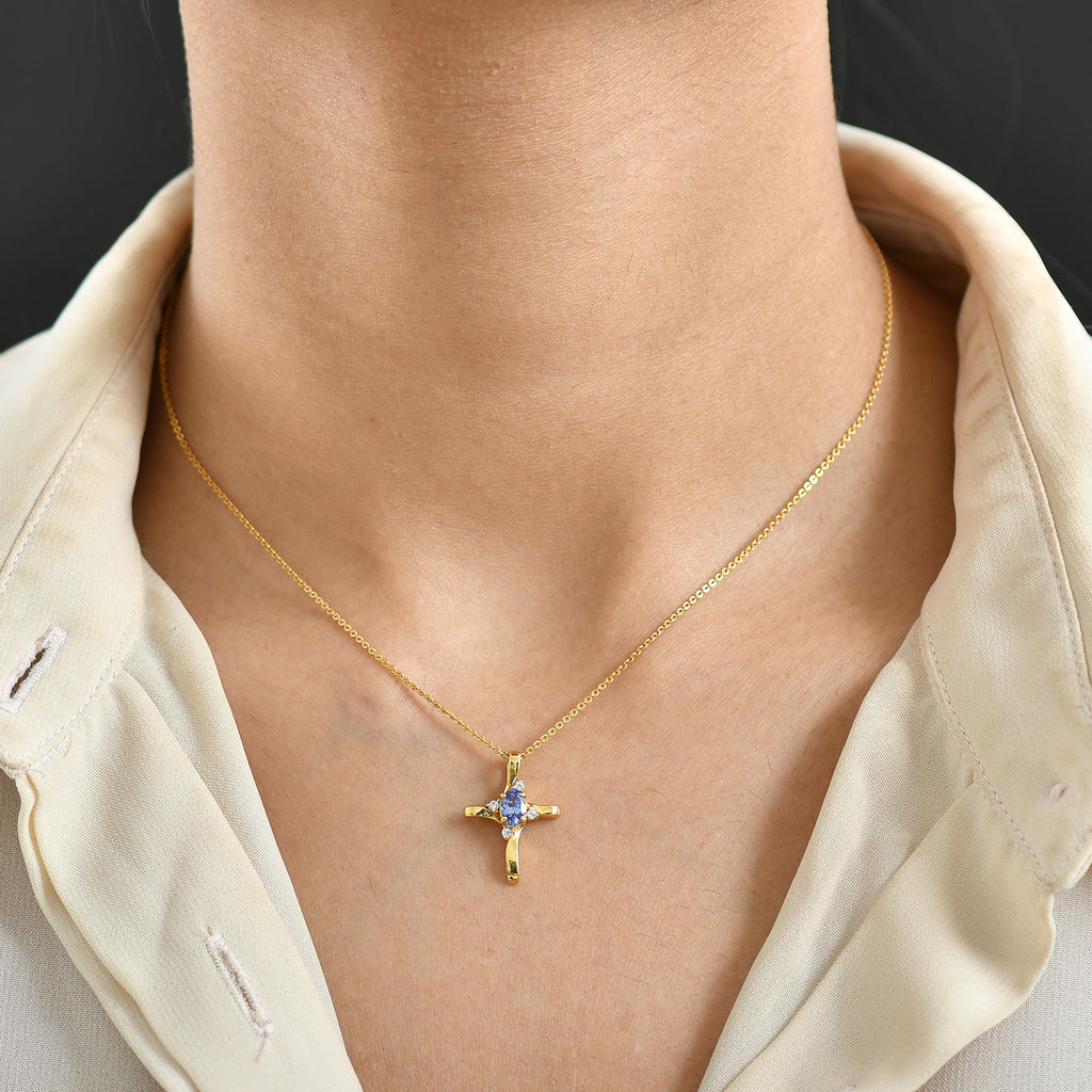 D'Joy Tansanit, Weißer Zirkon Anhänger 925 Silber 750 Gelb Vergoldet ca. 0,51 ct.