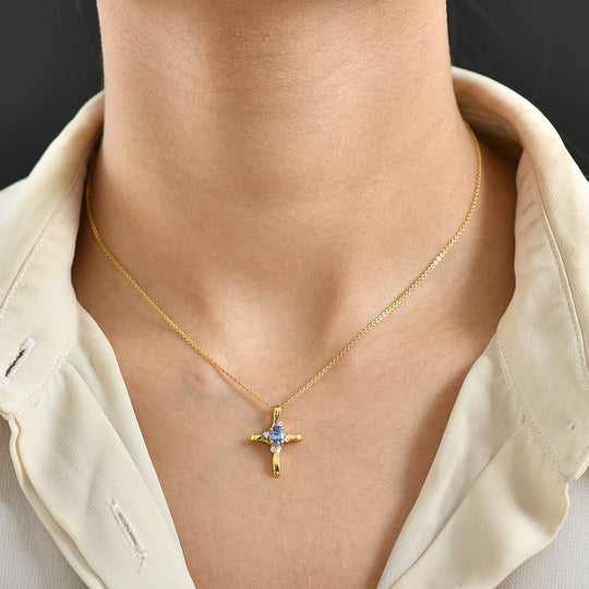D'Joy Tansanit, Weißer Zirkon Anhänger 925 Silber 750 Gelb Vergoldet ca. 0,51 ct.