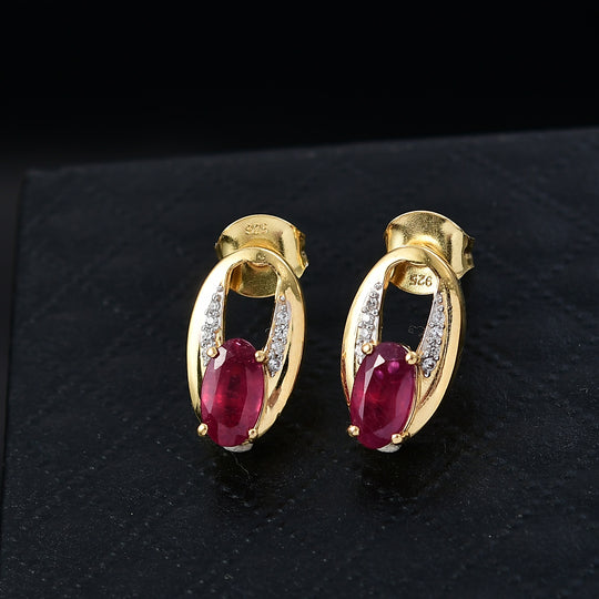 D'Joy Afrikanischer Rubin (Fissure gefüllt), Weißer Zirkon Ohrringe 925 Silber 750 Gelbgold Vermeil ca. 1.90 ct