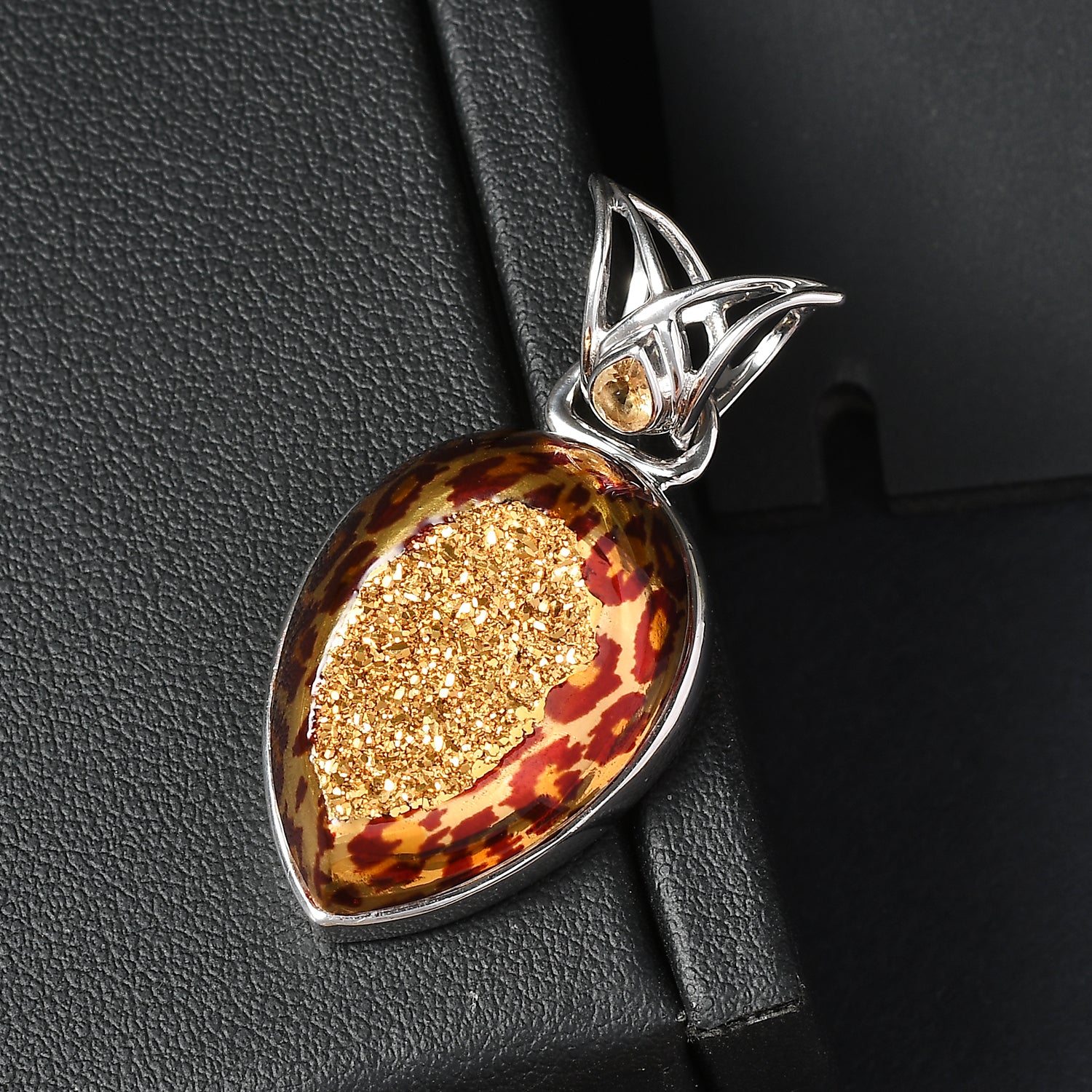 Sajen Silber - Luxe Astral Leopard Gold Drusy, Citrin Anhänger 925 Silber rhodiniert ca. 25.17 ct