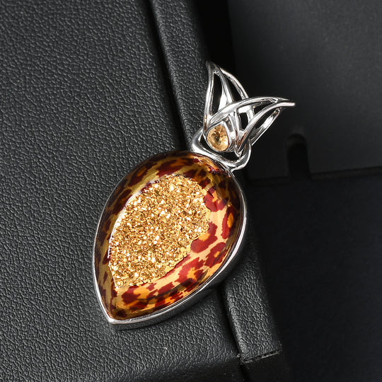 Sajen Silber - Luxe Astral Leopard Gold Drusy, Citrin Anhänger 925 Silber rhodiniert ca. 25.17 ct