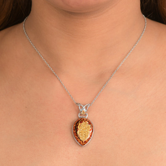 Sajen Silber - Luxe Astral Leopard Gold Drusy, Citrin Anhänger 925 Silber rhodiniert ca. 25.17 ct