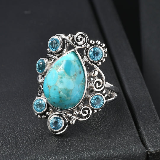 Sajen Silber - Türkis, Paraiba Quarz Ring 925 Silber rhodiniert (Größe 19.00) ca. 6.63 ct