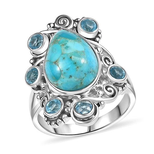 Sajen Silber - Türkis, Paraiba Quarz Ring 925 Silber rhodiniert (Größe 19.00) ca. 6.63 ct