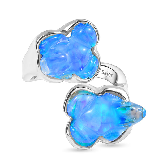 Sajen Silber - Blauer Opaltraum mit Kristallfrosch (Dublette) Ring 925 Silber rhodiniert (Größe 17.00) ca. 12.16 ct