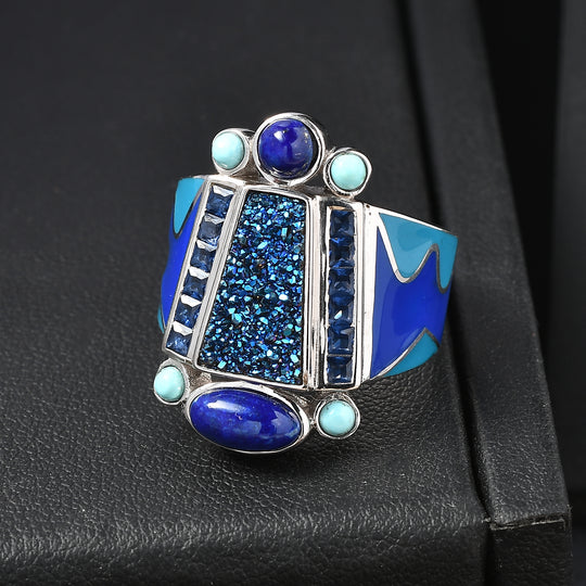 Sajen Silber - Blauer Drusy Quarz, Lapislazuli Ring 925 Silber rhodiniert (Größe 17.00) ca. 2.68 ct