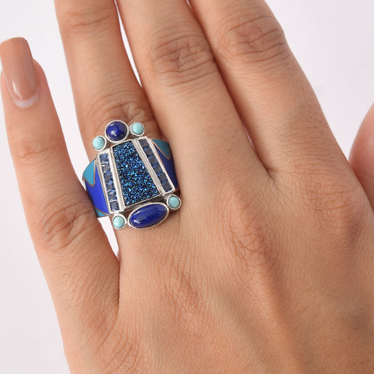 Sajen Silber - Blauer Drusy Quarz, Lapislazuli Ring 925 Silber rhodiniert (Größe 17.00) ca. 2.68 ct
