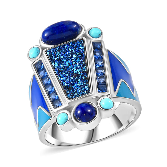 Sajen Silber - Blauer Drusy Quarz, Lapislazuli Ring 925 Silber rhodiniert (Größe 17.00) ca. 2.68 ct
