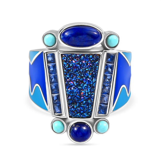 Sajen Silber - Blauer Drusy Quarz, Lapislazuli Ring 925 Silber rhodiniert (Größe 17.00) ca. 2.68 ct