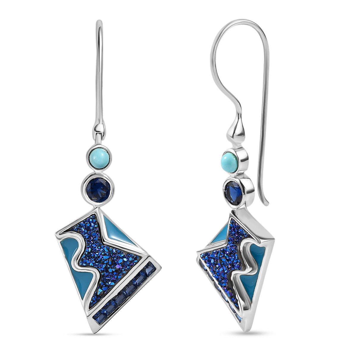 Sajen Silber - Blauer Drusy Quarz, Saphirkristall, Türkis Ohrringe 925 Silber rhodiniert ca. 6.38 ct